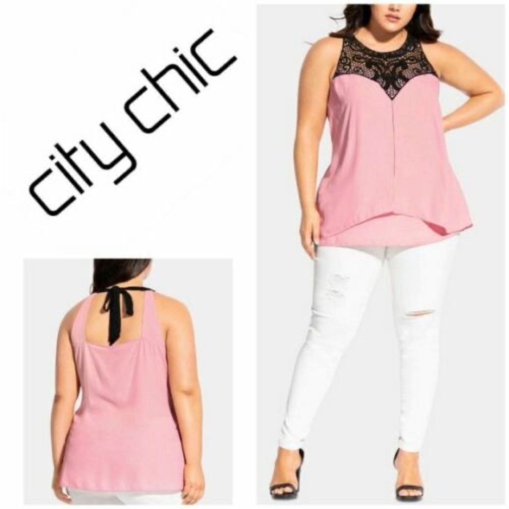 (NWT) City Chic Women's Trendy Pink/Black Crochet-Yoke Top Plus Sizes 18W/24W